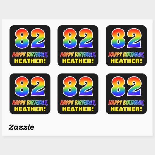 82e verjaardag: Vet, Vun, Eenvoudig, Regenboog 82 Vierkante Sticker (Vel)
