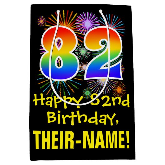 82e verjaardag: Vuurwerk Fun Pattern + Regenboog 8 Medium Cadeauzakje (Voorkant)