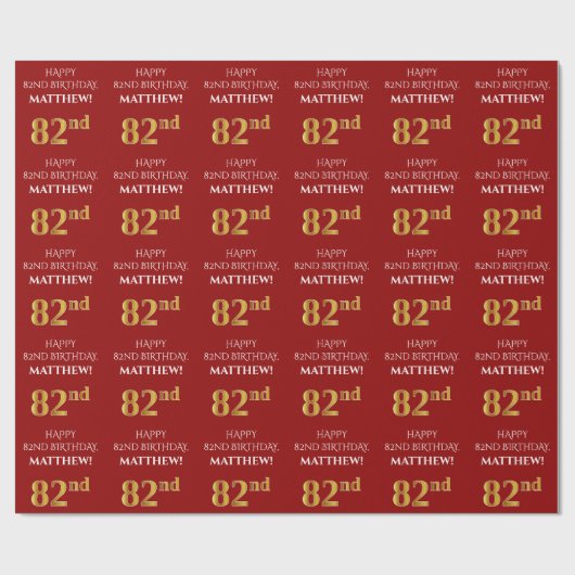 82ste verjaardag: Elegant, rood, faux gouden look Cadeaupapier (Vlak)