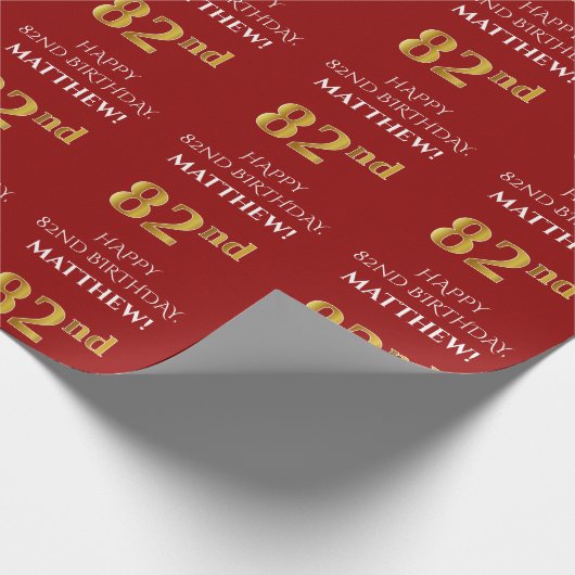 82ste verjaardag: Elegant, rood, faux gouden look Cadeaupapier (Hoek)