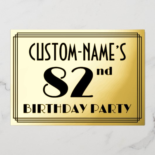 82ste Verjaardagsfeest — Art Deco Look “82” + Naam Folie Uitnodiging (Voorkant)