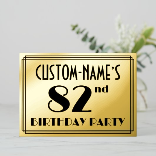 82ste Verjaardagsfeest — Art Deco Look “82” + Naam Folie Uitnodiging (Staand Voorkant)