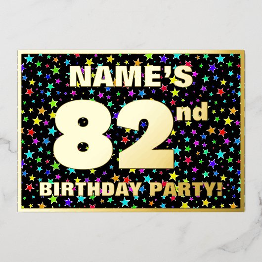82ste Verjaardagsfeest — Pret, Kleurrijk Sterren P Folie Uitnodiging (Voorkant)