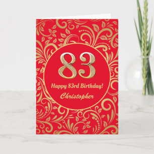 83e Birthday Red en Gold Floral Pattern Kaart