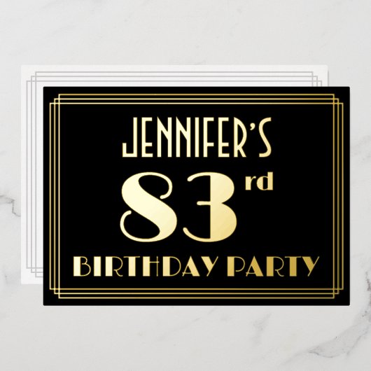 83e verjaardag: Art Deco Kijk "83", met naam Folie Uitnodiging (Voorkant / Achterkant)