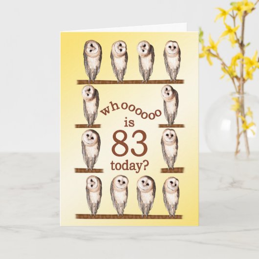 83e verjaardag, Curious uilen kaart. Kaart (Gele Bloem)