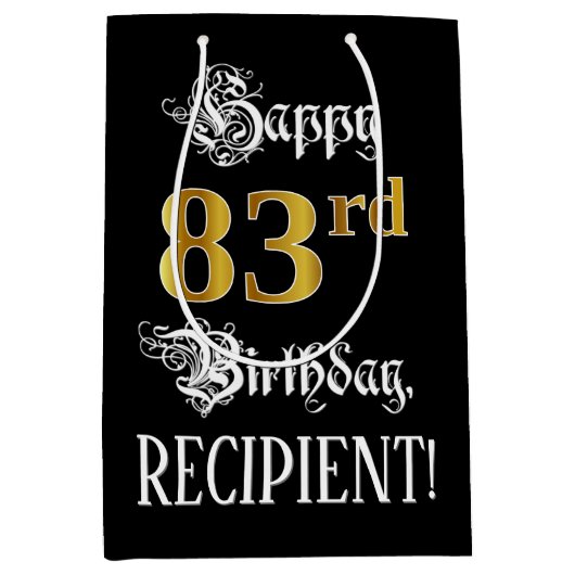 83e verjaardag ~ Fancy script; Faux Gold look; naa Medium Cadeauzakje (Voorkant)