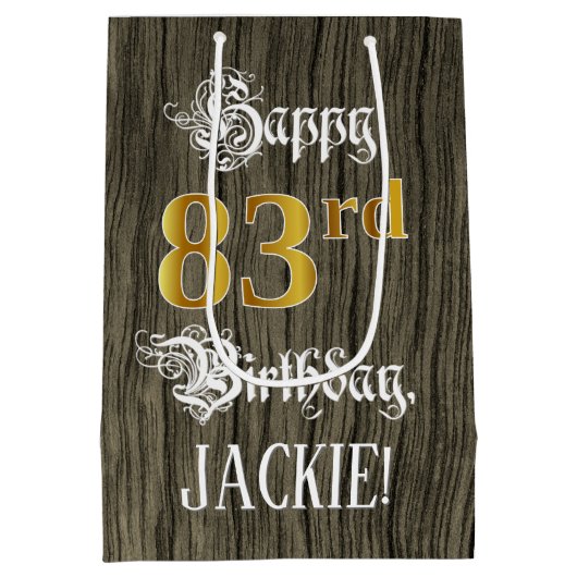 83e verjaardag: Faux Gold look & Faux Wood Pattern Medium Cadeauzakje (Achterkant)