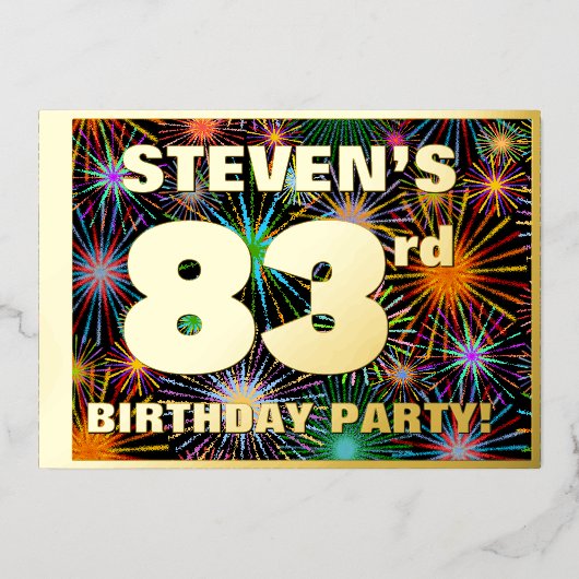 83e verjaardag — Fun, kleurrijke Fireworks-look Folie Uitnodiging (Voorkant)