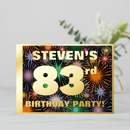 83e verjaardag — Fun, kleurrijke Fireworks-look Folie Uitnodiging (Staand Voorkant)