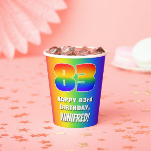 83e verjaardag: kleurrijk, vun regenboogpatroon #  papieren bekers