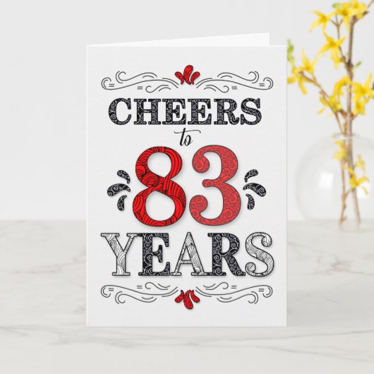 83e verjaardag Proost in rood wit zwart patroon Kaart (Gele Bloem)
