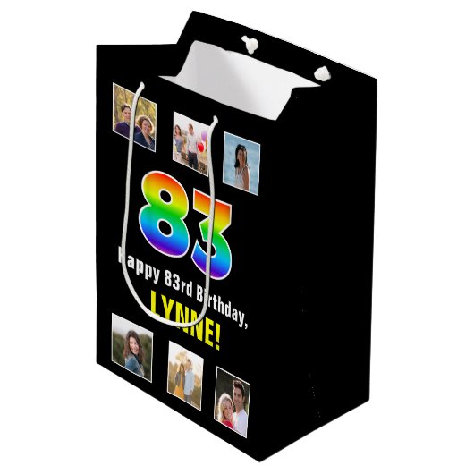 83e verjaardag: Regenboog "83", aangepaste foto's  Medium Cadeauzakje (Voorkant Gekanteld)