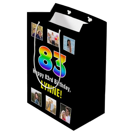 83e verjaardag: Regenboog "83", aangepaste foto's  Medium Cadeauzakje (Achterkant Gekanteld)