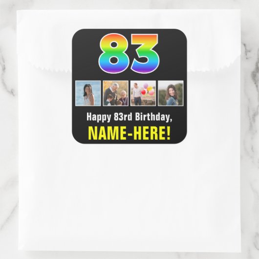 83e verjaardag: Regenboog "83"; Aangepaste foto's  Vierkante Sticker (Tas)