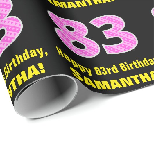 83e verjaardag: Roze staven en hart "83" + Naam Cadeaupapier (Rol Hoek)