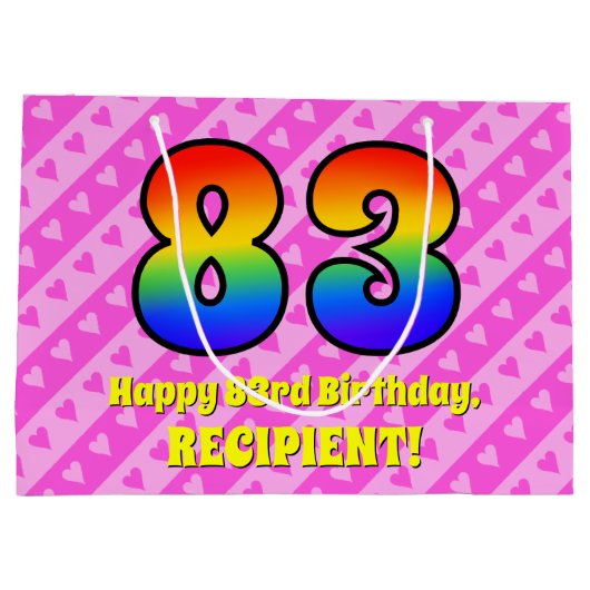 83e verjaardag: roze strips & harten, regenboognr. groot cadeauzakje (Achterkant)