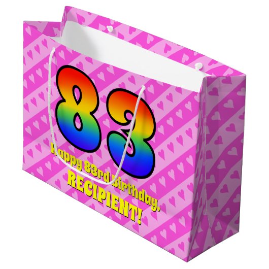83e verjaardag: roze strips & harten, regenboognr. groot cadeauzakje (Voorkant Gekanteld)