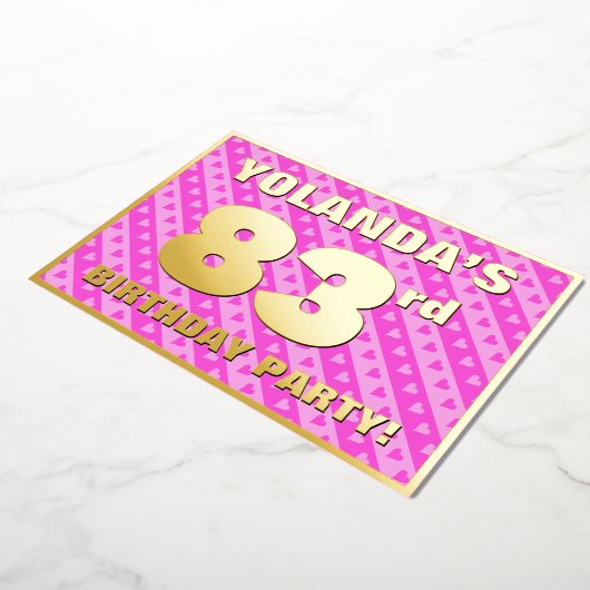 83e verjaardag — vuurroze harten en strips folie uitnodiging (Gedraaid)