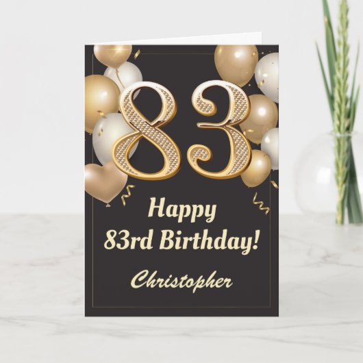 83rd Birthday Black en Gold Balloons Confetti Kaart (Voorkant)