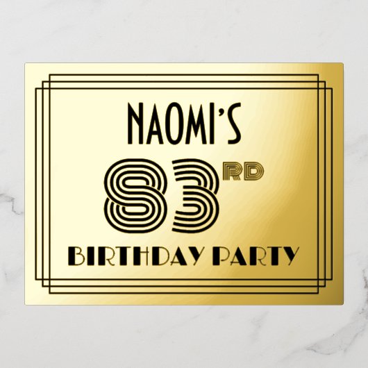 83rd Birthday Party ~ Art Deco Style "83" + naam Folie Uitnodiging Briefkaart (Voorkant)