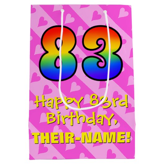 83ste verjaardag: Leuke roze harten strepen; Regen Medium Cadeauzakje (Achterkant)