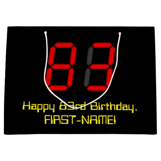 83ste verjaardag: Rode digitale klok stijl "83" +  Groot Cadeauzakje (Voorkant)