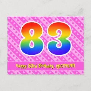 83ste verjaardag: roze strepen & harten, regenboog briefkaart