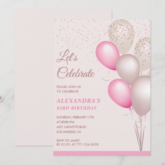 83ste verjaardag uitnodigingen Pink Balloons Confe (Voorkant / Achterkant)