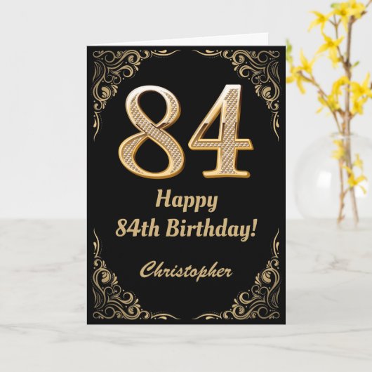 84e Birthday Black en Gold Glitter Lijst Kaart (Gele Bloem)