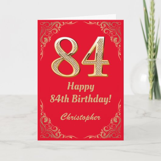 84e Birthday Red en Gold Glitter Lijst Kaart (Voorkant)