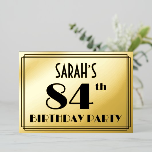 84e verjaardag — Art Deco look "84" + Naam Folie Uitnodiging (Staand Voorkant)