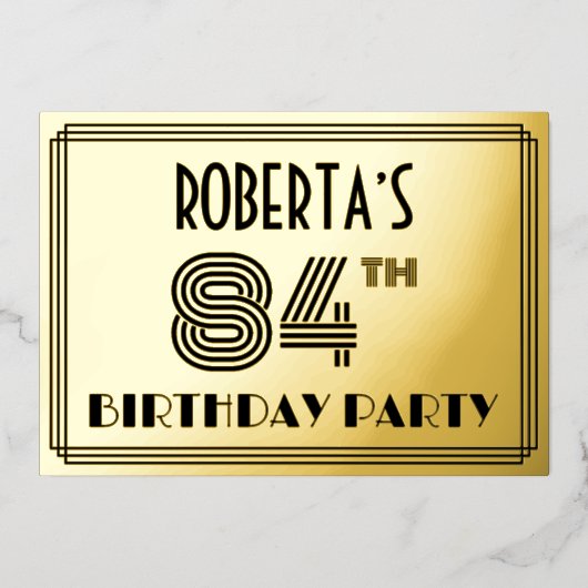 84e verjaardag — Art Deco Style "84" en naam Folie Uitnodiging (Voorkant)