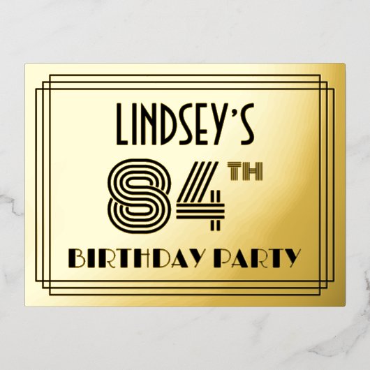84e verjaardag: Art Deco Style "84" + Naam Folie Uitnodiging Briefkaart (Voorkant)