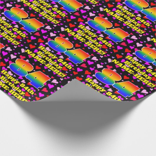 84e verjaardag: Beeldende harten Patroon, Regenboo Cadeaupapier (Hoek)