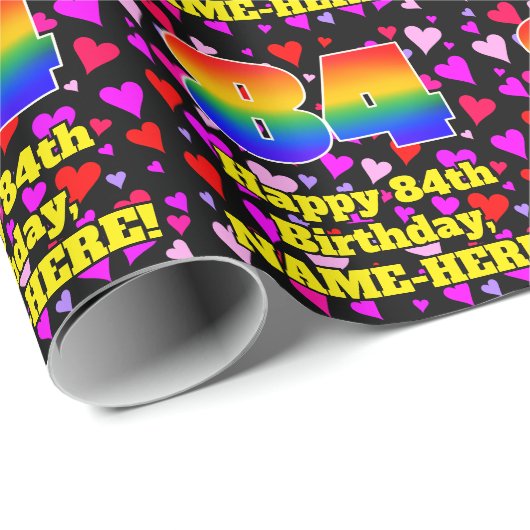 84e verjaardag: Beeldende harten Patroon, Regenboo Cadeaupapier (Rol Hoek)