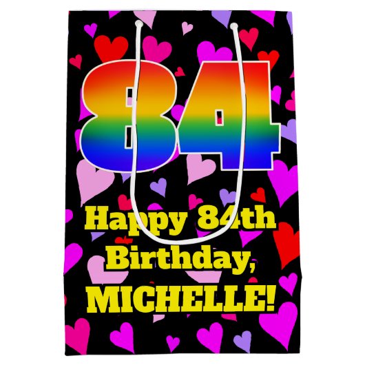 84e verjaardag: Beeldende harten Patroon, Regenboo Medium Cadeauzakje (Achterkant)