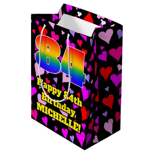 84e verjaardag: Beeldende harten Patroon, Regenboo Medium Cadeauzakje (Achterkant Gekanteld)