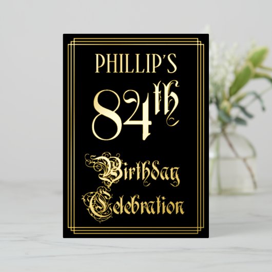 84e verjaardag — Fancy script en aangepaste naam Folie Uitnodiging (Staand Voorkant)