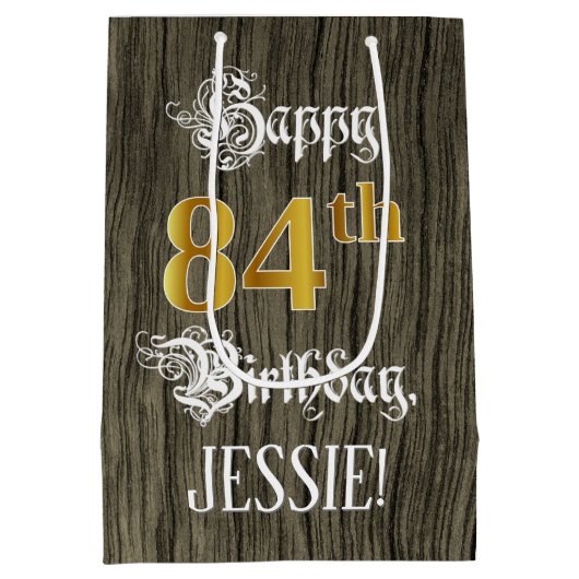 84e verjaardag: Faux Gold look & Faux Wood Pattern Medium Cadeauzakje (Achterkant)