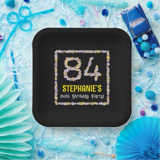 84e verjaardag: Floral Flowers Number, Custom Name Papieren Bordje (Feest)