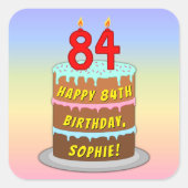 84e verjaardag: Fun Cake and Candles + Custom Name Vierkante Sticker (Voorkant)