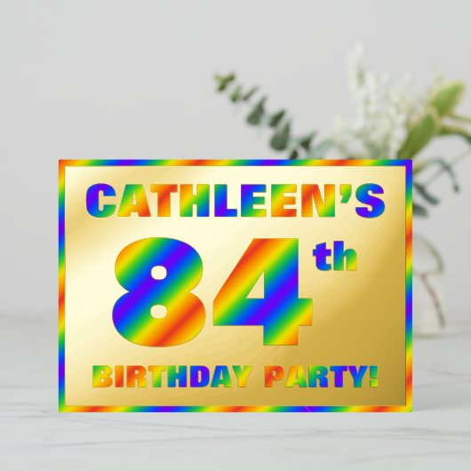 84e verjaardag - Fun, regenboogspectrum "84" Folie Uitnodiging (Staand Voorkant)