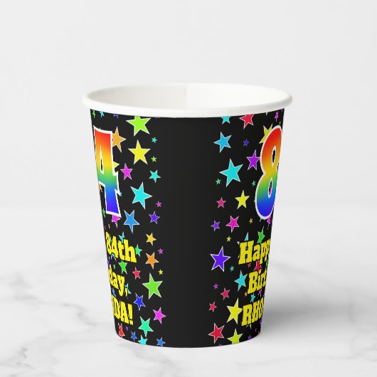 84e verjaardag: Fun Stars Pattern en Rainbow 84 Papieren Bekers (Links)