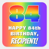 84e verjaardag: kleurrijk, vun regenboogpatroon # vierkante sticker (Voorkant)