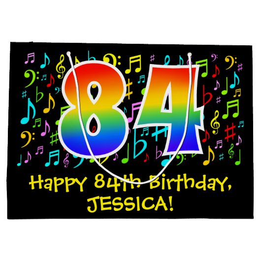 84e verjaardag - Kleurrijke muzieksymbolen, Rainbo Groot Cadeauzakje (Achterkant)