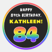 84e verjaardag: kleurrijke regenboog # 84, aangepa ronde sticker (Voorkant)