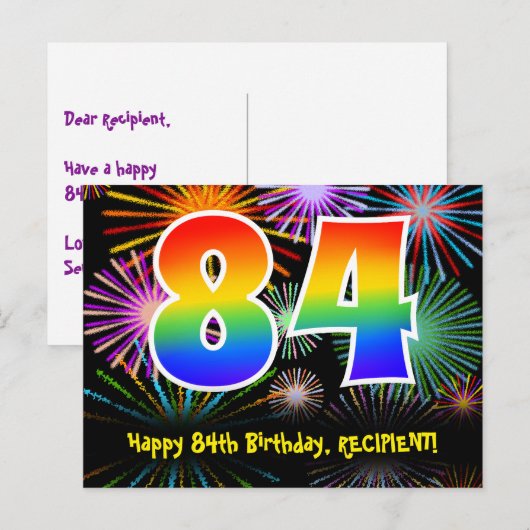 84e verjaardag – leuk vuurwerkpatroon + regenboog  briefkaart (Voorkant / Achterkant)