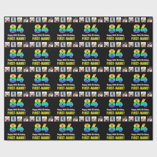 84e verjaardag: Regenboog "84"; Aangepaste foto's Cadeaupapier (Zoom)