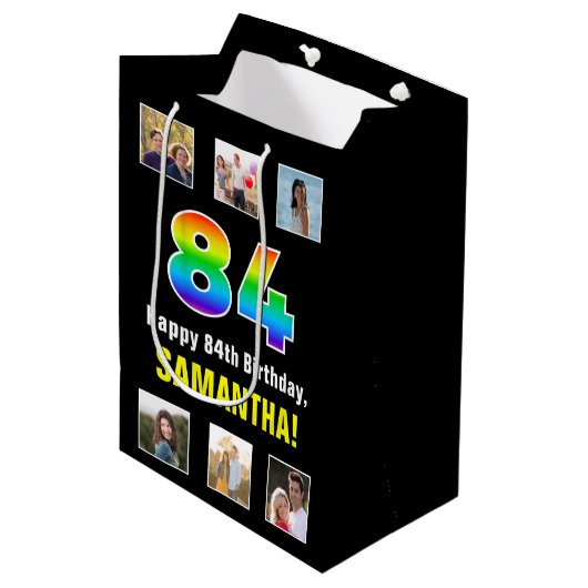 84e verjaardag: Regenboog "84", aangepaste foto's  Medium Cadeauzakje (Voorkant Gekanteld)